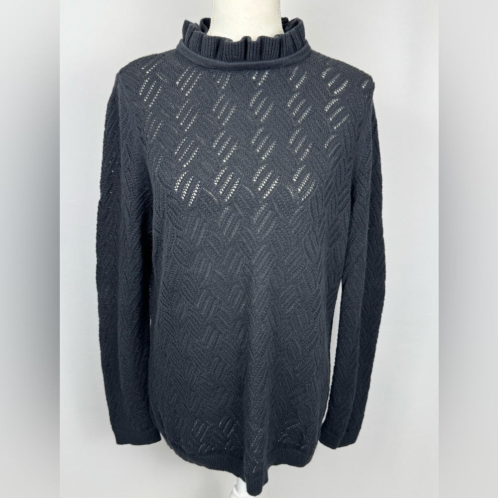 Talbots Ruffle Neck Pointelle Sweater Black Wool Blend Lightweight Size XL